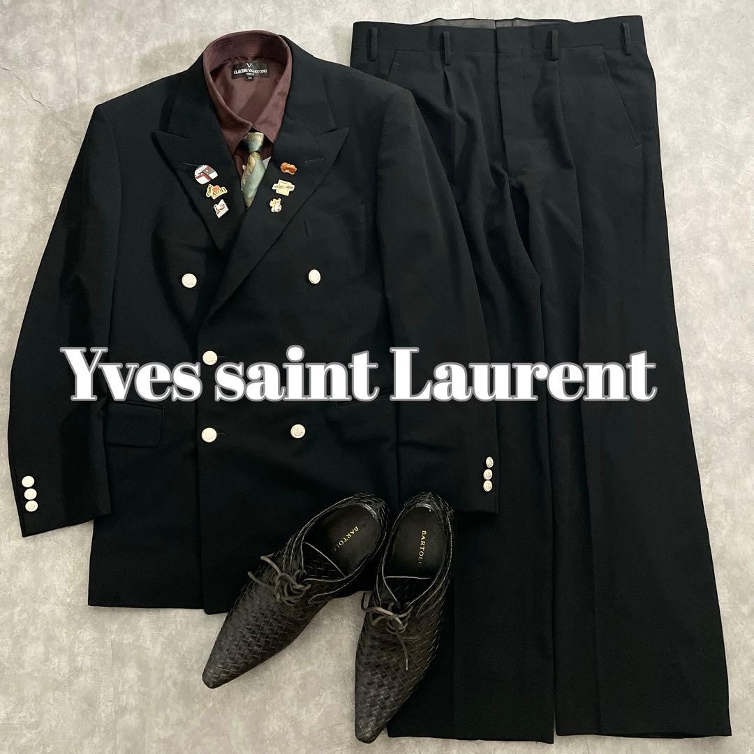 極上 白金ボタン 漆黒ダブルブレストスーツ Saint Laurentネクタイ