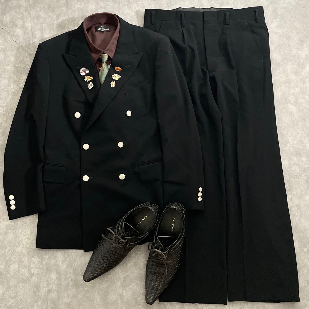 極上 白金ボタン 漆黒ダブルブレストスーツ Saint Laurentネクタイ