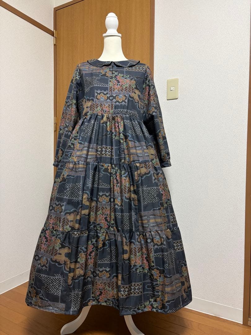 着物リメイク♪ 大島紬　3段ティアードワンピース　花模様　裏地付き　ＭーＬ