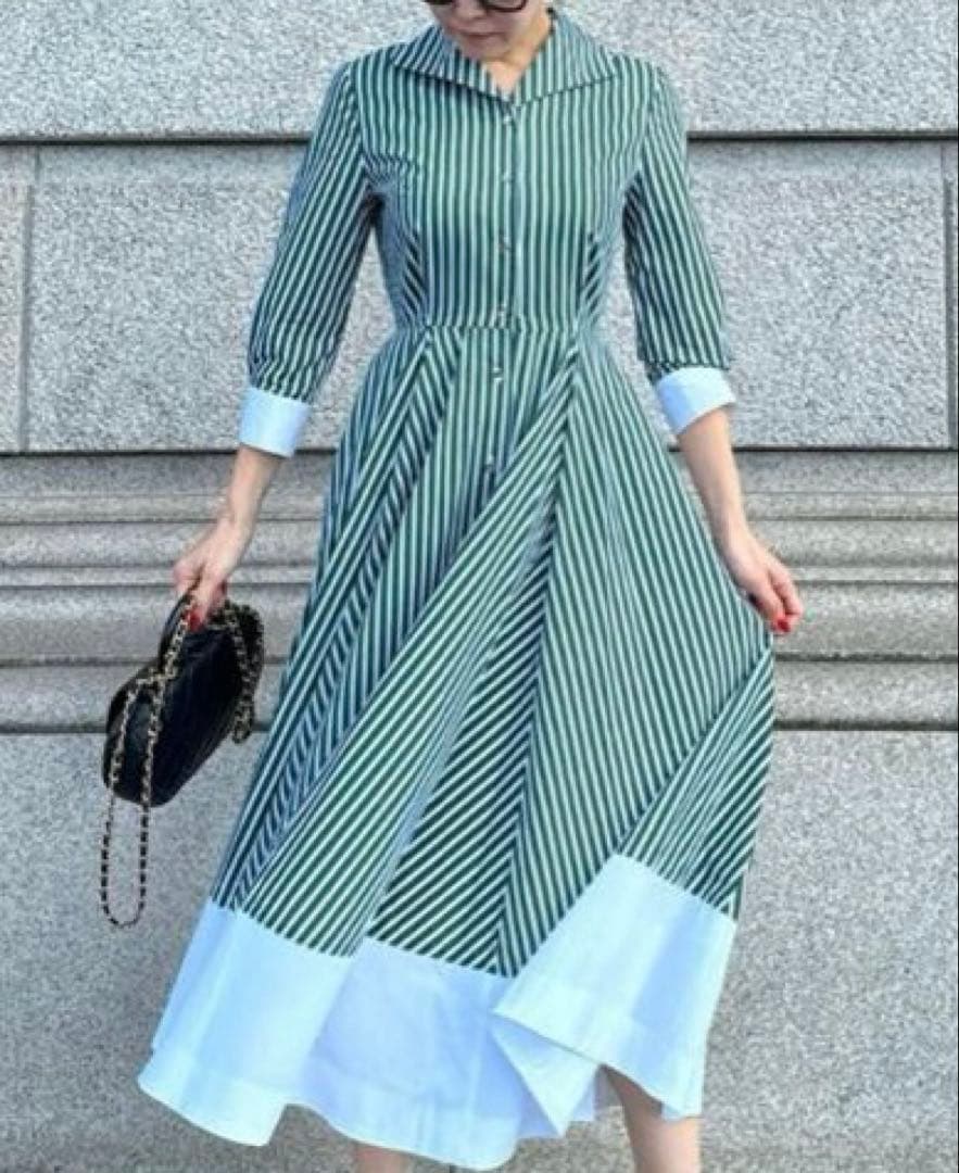 JENNEシャープ配色ワンピースMグリーン