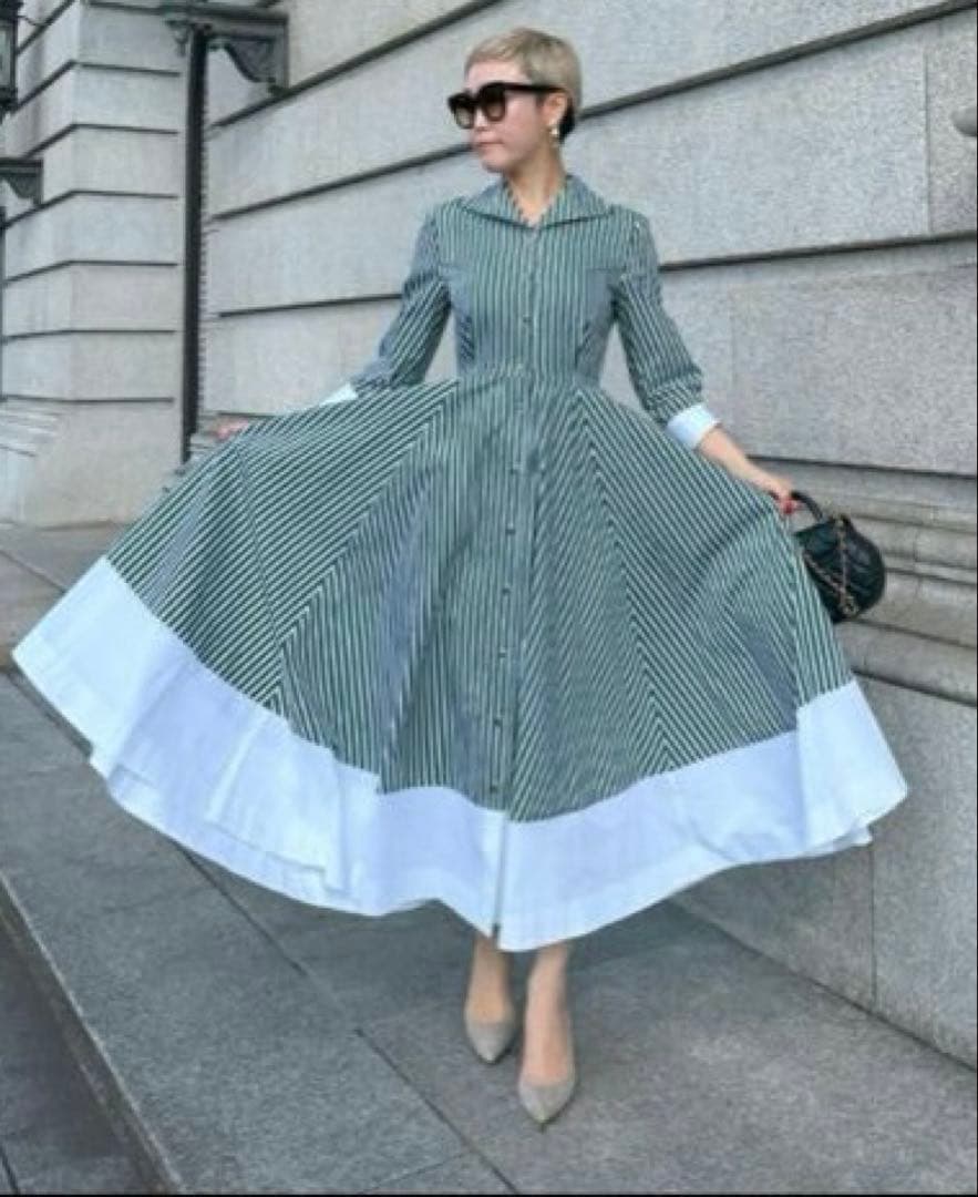 JENNEシャープ配色ワンピースMグリーン