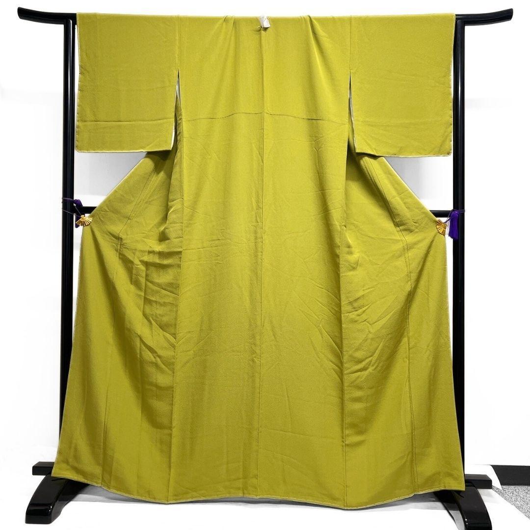 未着用　色無地　一つ紋　深い鶸色　着物　083a p