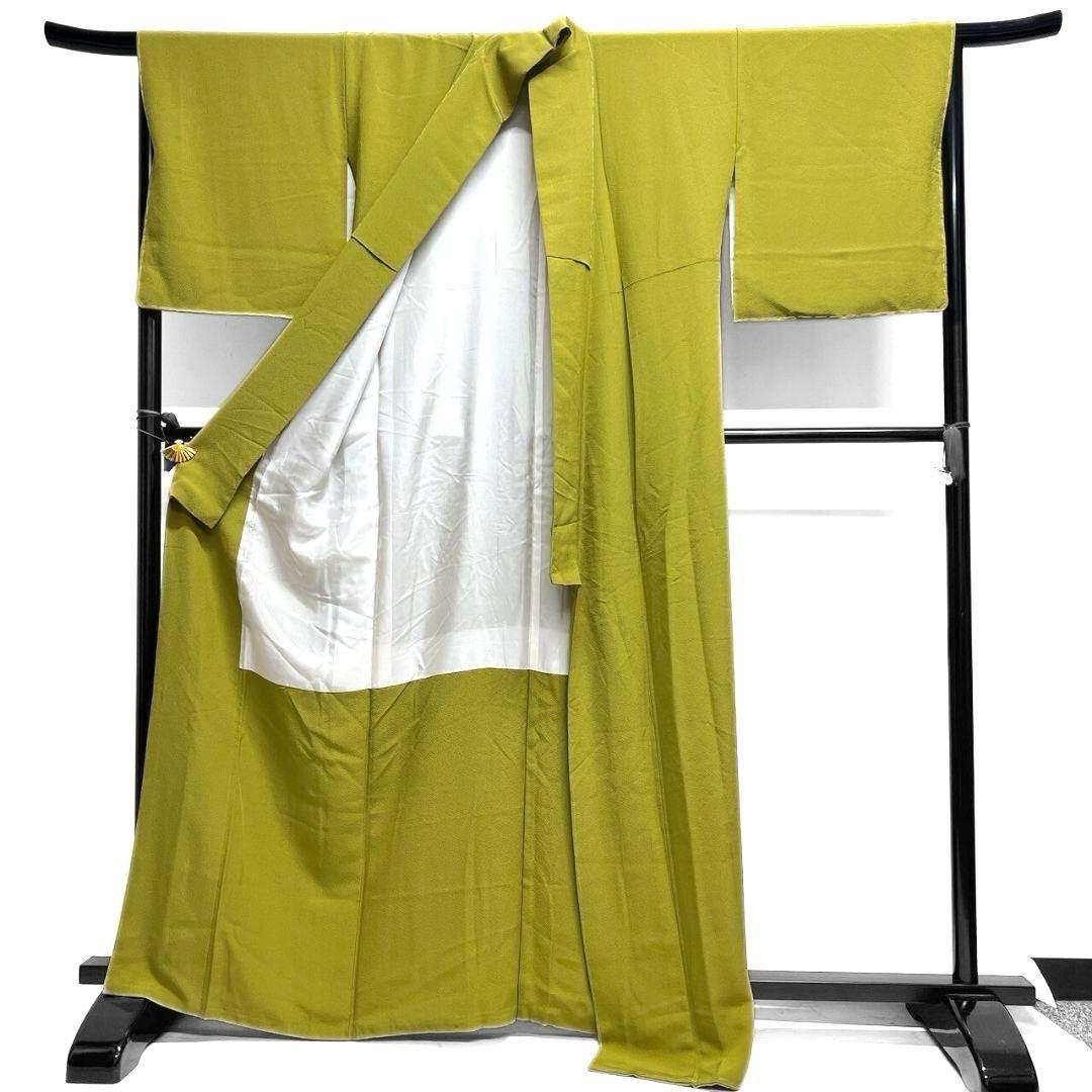 未着用　色無地　一つ紋　深い鶸色　着物　083a p