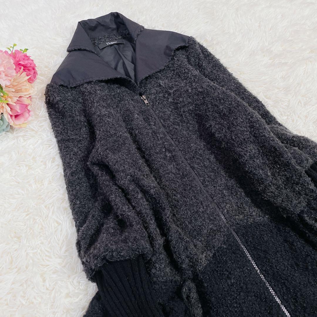 美品　イーセンセーション　異素材切替　変形ニット　ウールコート　バルーン　F