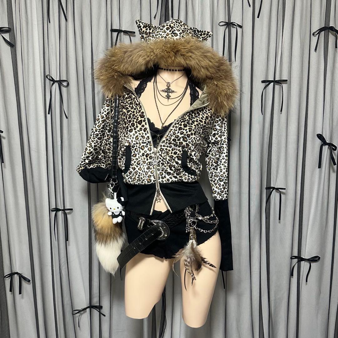 【激レア】平成ギャル y2k　JSG リアルファー付き猫耳ヒョウ柄パーカー