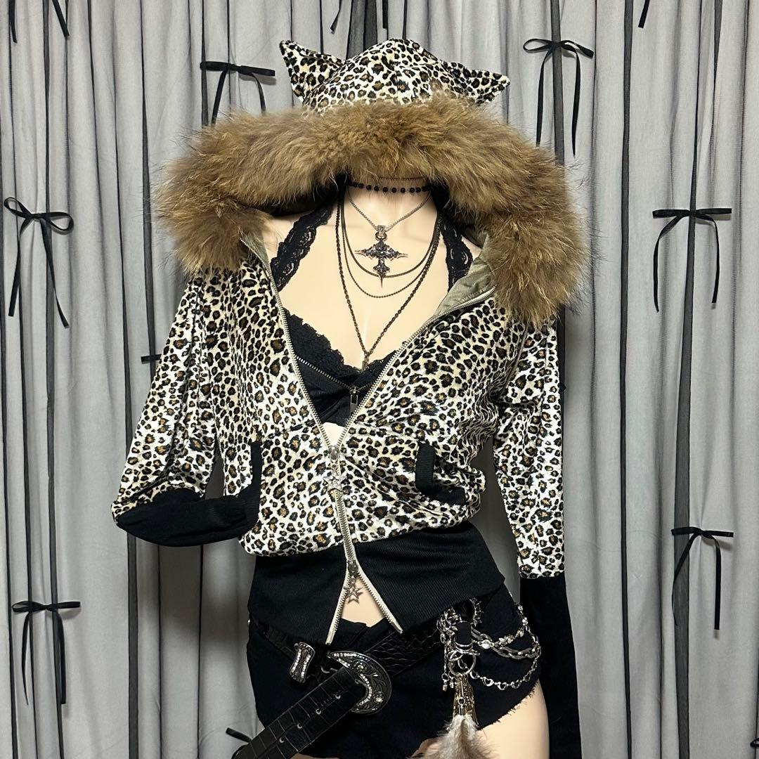 【激レア】平成ギャル y2k　JSG リアルファー付き猫耳ヒョウ柄パーカー