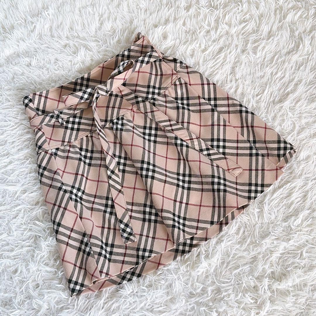 【バーバリーブルーレーベル】リボンベルトラップフレアスカート ノバチェック 36