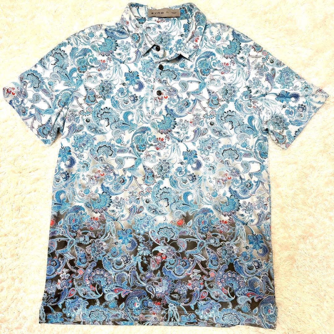 未使用品　エトロ　ポロシャツ　XL ペイズリー柄　花柄　グラデーション　ブルー