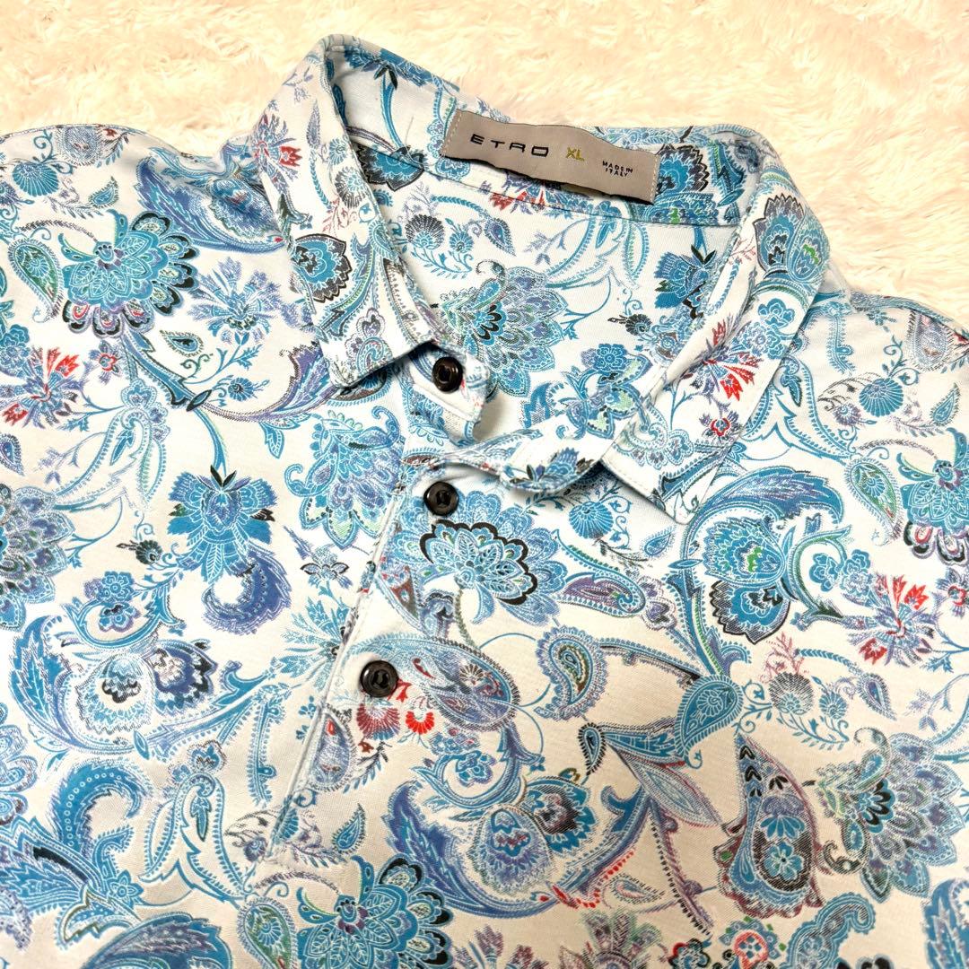 未使用品　エトロ　ポロシャツ　XL ペイズリー柄　花柄　グラデーション　ブルー