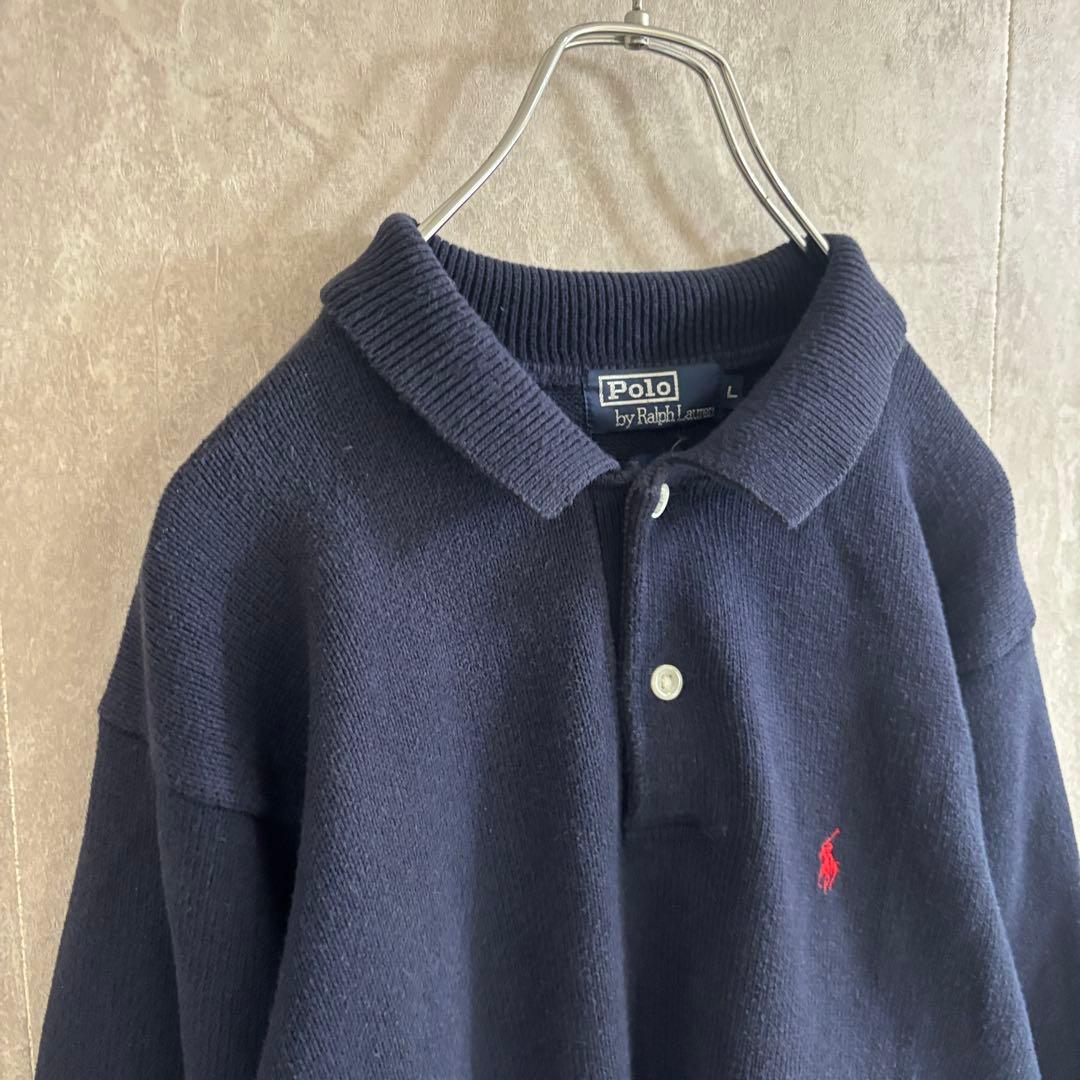 ラルフローレン ウール ニット セーター 襟付き ポロシャツ ネイビー L