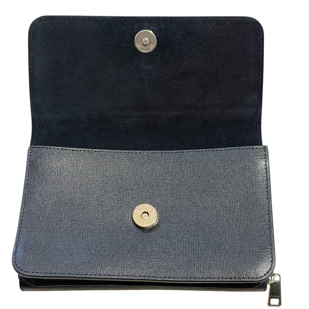 【極美品】フルラ ウォレットショルダーバッグ レザー 現行ロゴ　黒 リーヴァ
