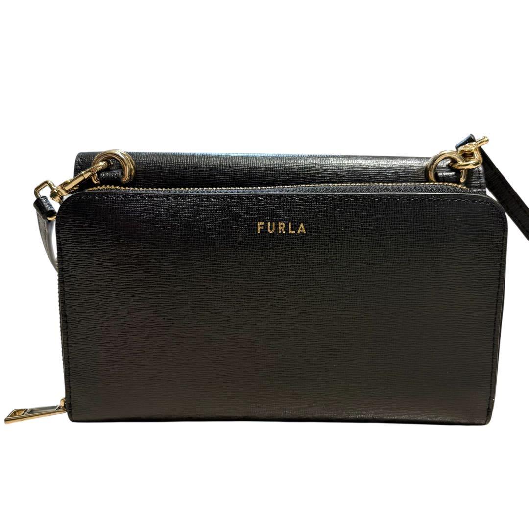 【極美品】フルラ ウォレットショルダーバッグ レザー 現行ロゴ　黒 リーヴァ