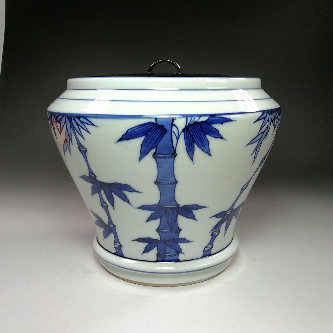 Ｓ８０４　水指　『染付　竹繪　水指』『平安　静山造』　共箱　茶道具