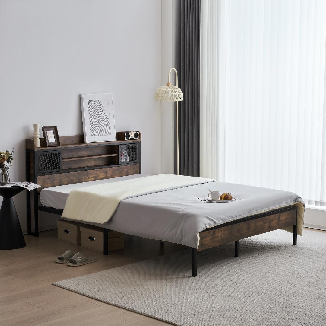 数量限定！SDセミダブル・コンセント付きベッドフレーム ヴィンテージ風BROWN