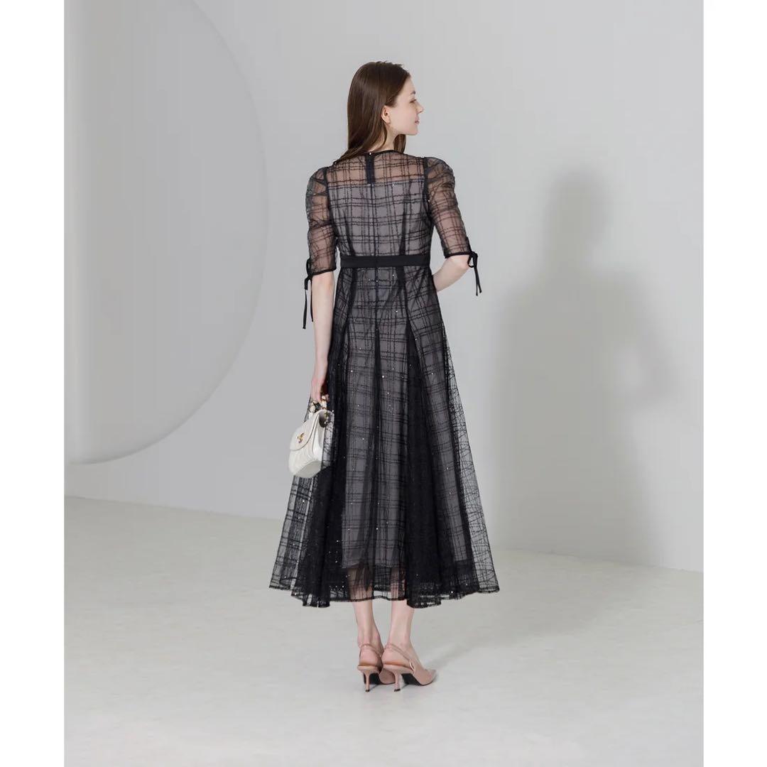 Leja チェックスパンコールリボンワンピースドレス