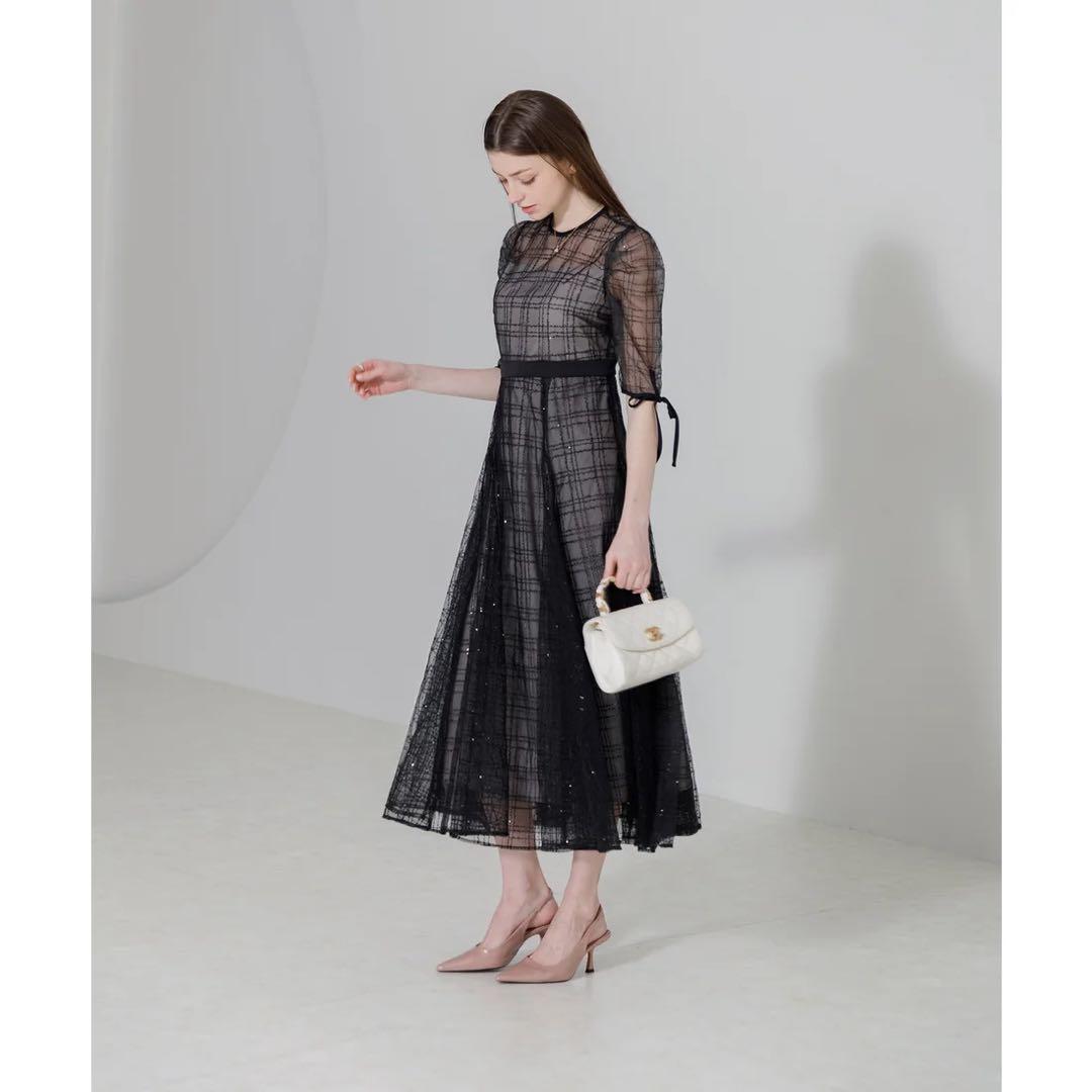 Leja チェックスパンコールリボンワンピースドレス