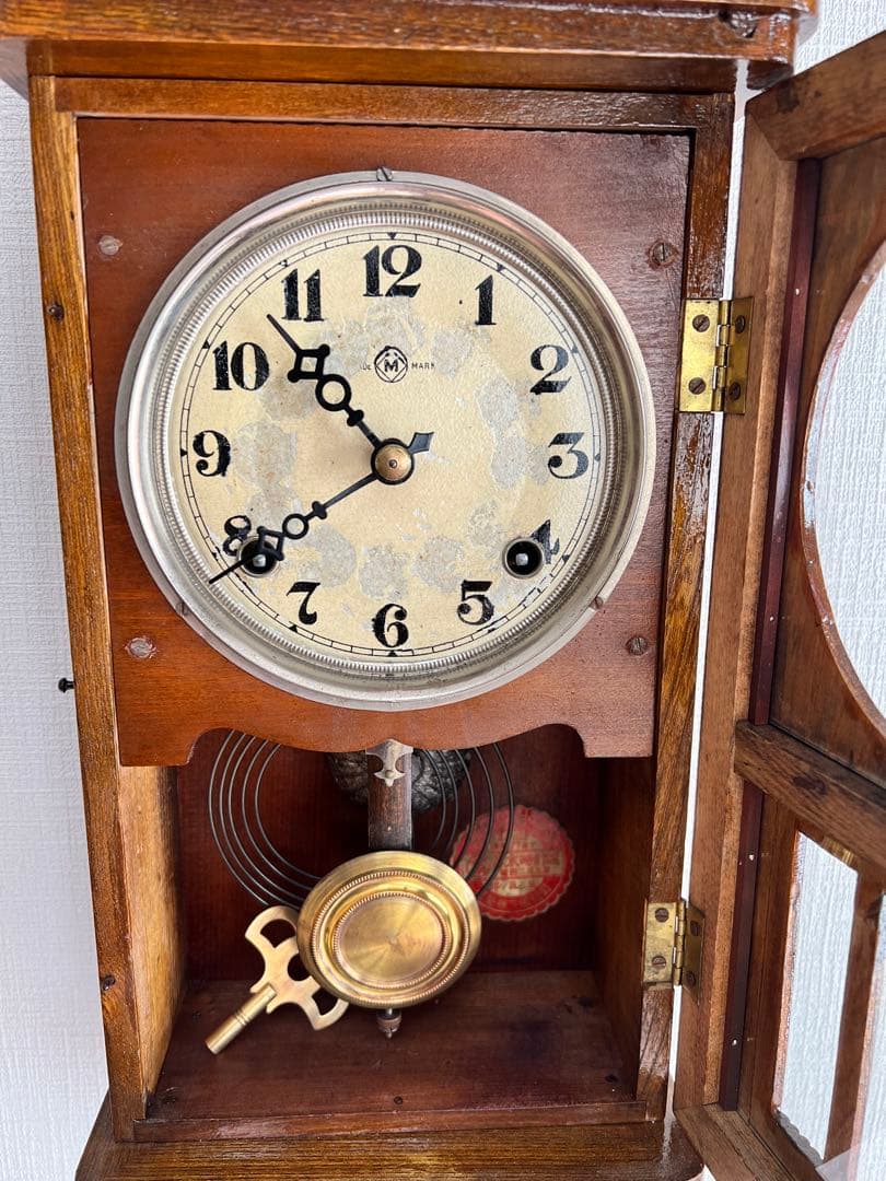 「美品」明治振り子時計ゼンマイ掛け時計柱時計古時計　稼働品