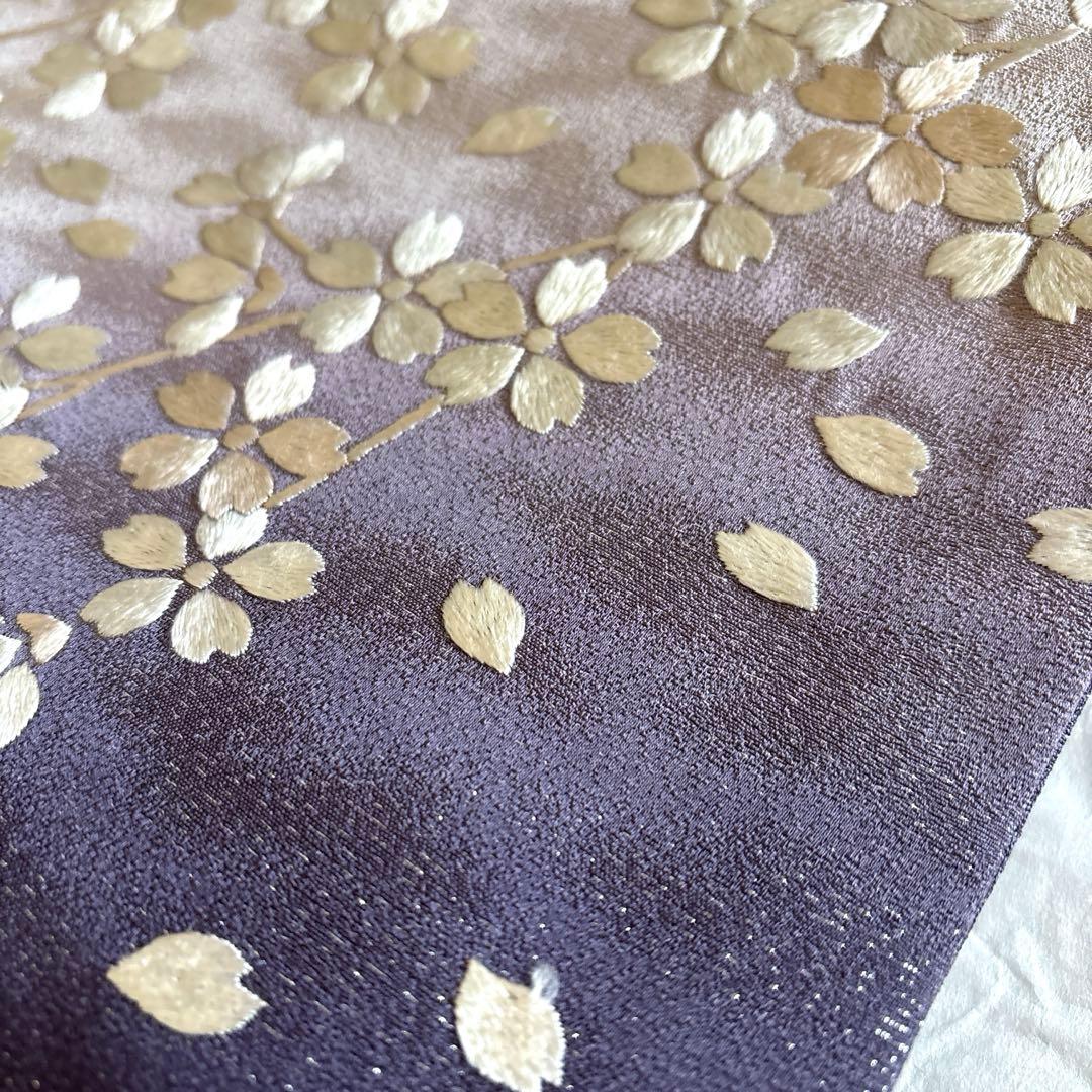 月兎奈緒様 薄古代紫　正絹袋帯　薄ピンクとオフホワイト満開桜刺繍　美品