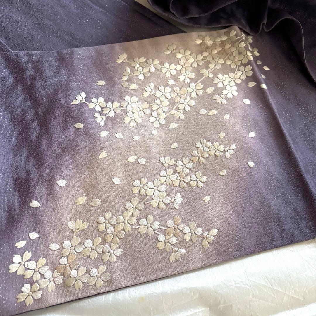 月兎奈緒様 薄古代紫　正絹袋帯　薄ピンクとオフホワイト満開桜刺繍　美品