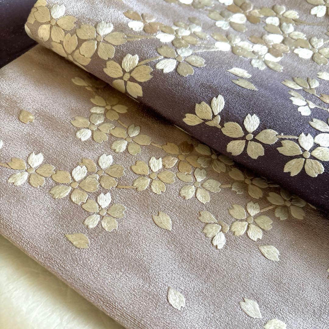 月兎奈緒様 薄古代紫　正絹袋帯　薄ピンクとオフホワイト満開桜刺繍　美品