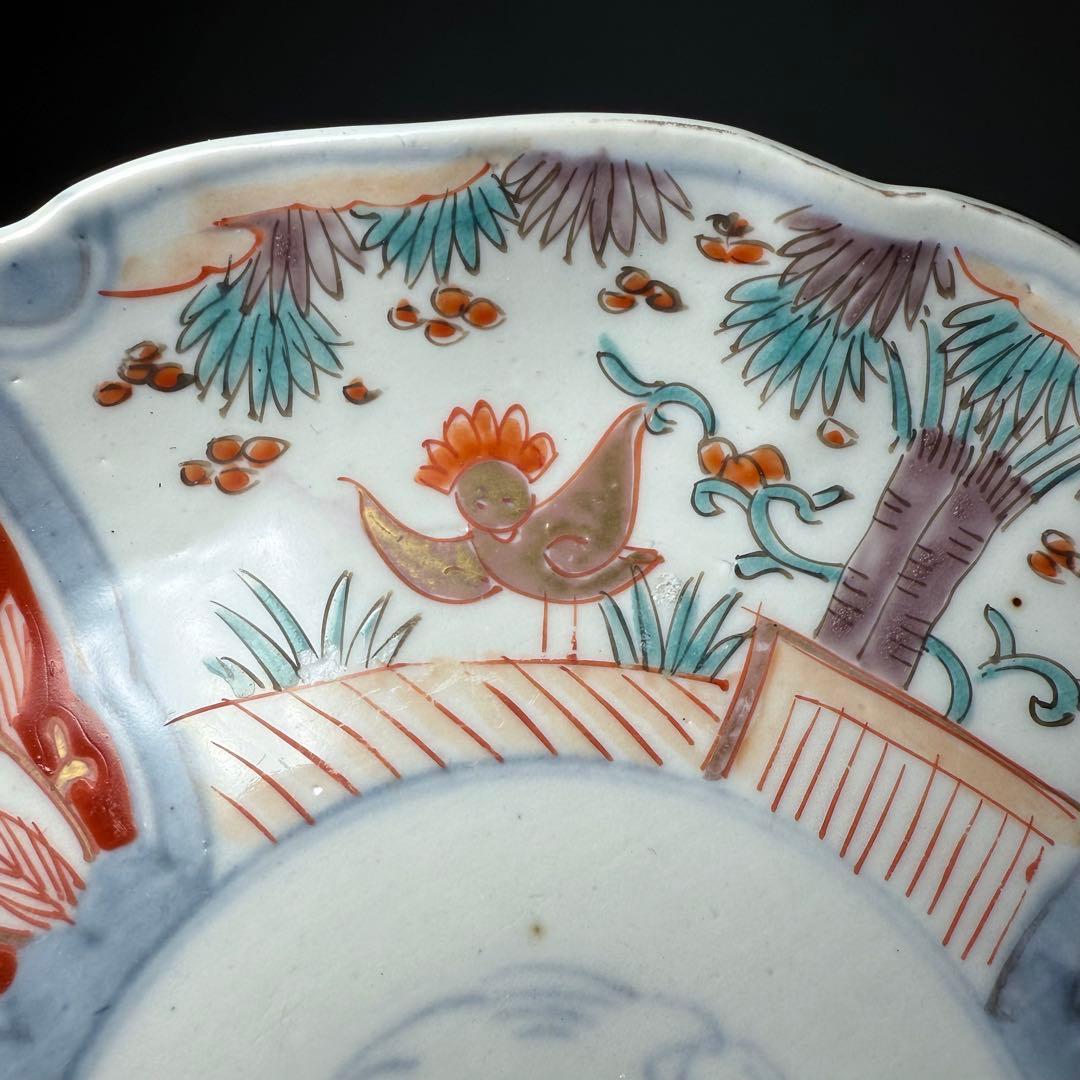 古伊万里　色絵花鳥図輪花形七寸皿　松竹梅　裏巻物文様　江戸期　金蘭手　最後の四枚