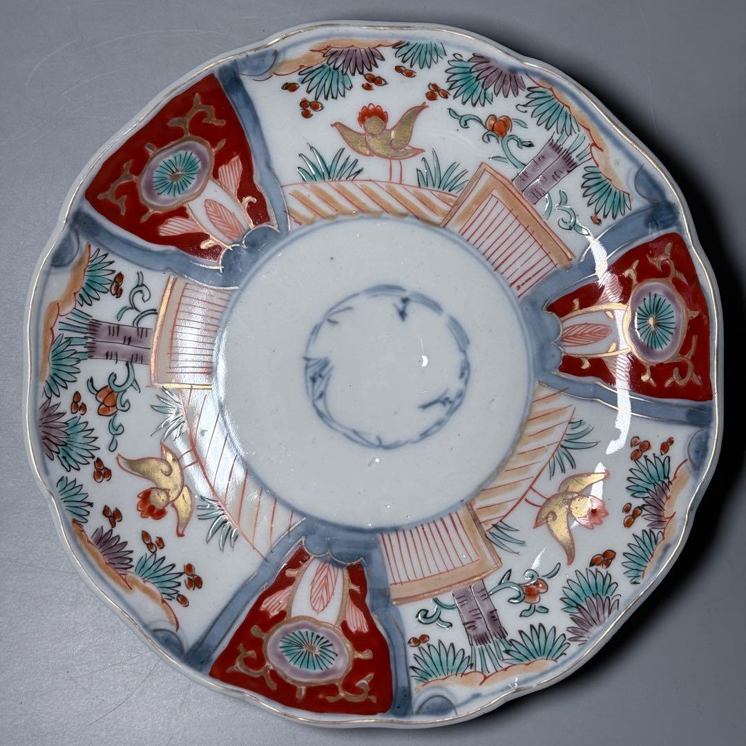 古伊万里　色絵花鳥図輪花形七寸皿　松竹梅　裏巻物文様　江戸期　金蘭手　最後の四枚