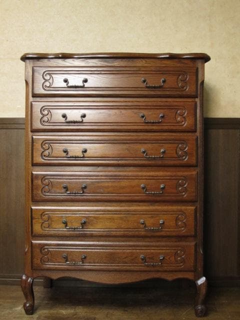 ルーマニア製 オーク材 猫脚 クラシック 6ドロアー 彫刻 チェスト/整理タンス
