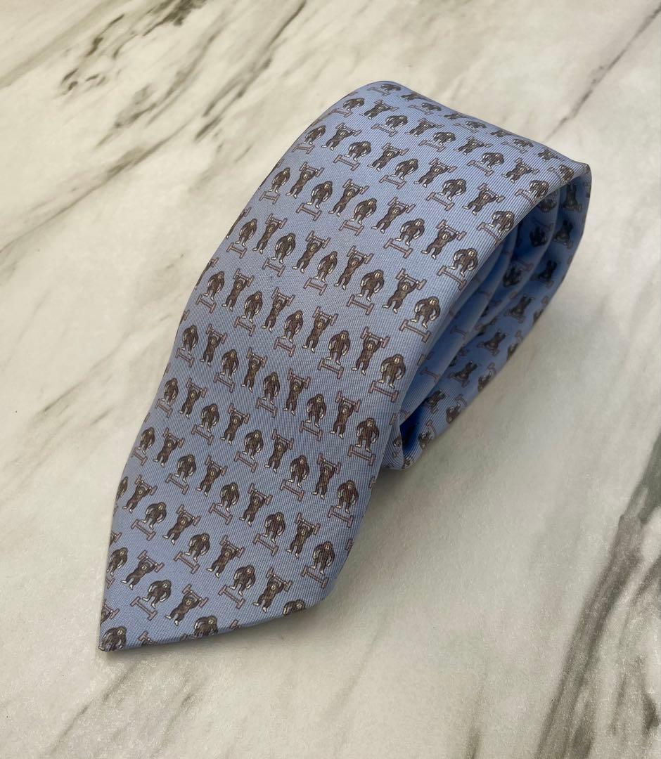 【美品】エルメス HERMES ネクタイ サル柄 パープル系 シルク 高級