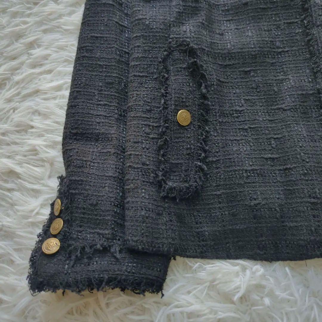 美品✨️ドゥーズィエムクラス　ツイードノーカラージャケット　金ボタン　フリンジ黒