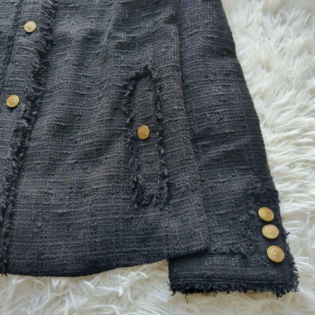 美品✨️ドゥーズィエムクラス　ツイードノーカラージャケット　金ボタン　フリンジ黒