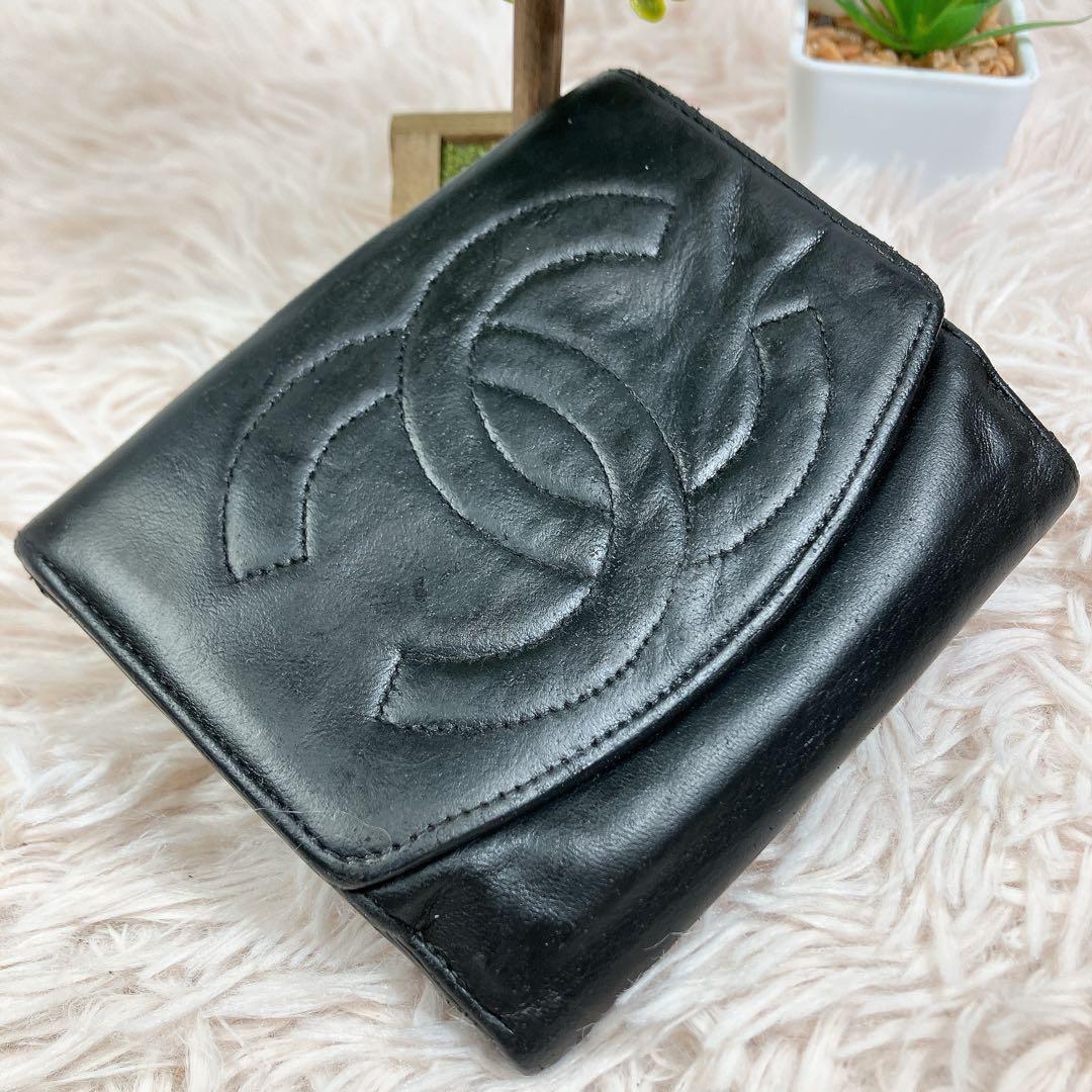 CHANEL シャネル ココ ラムレザー 二つ折り ブラック Wホック