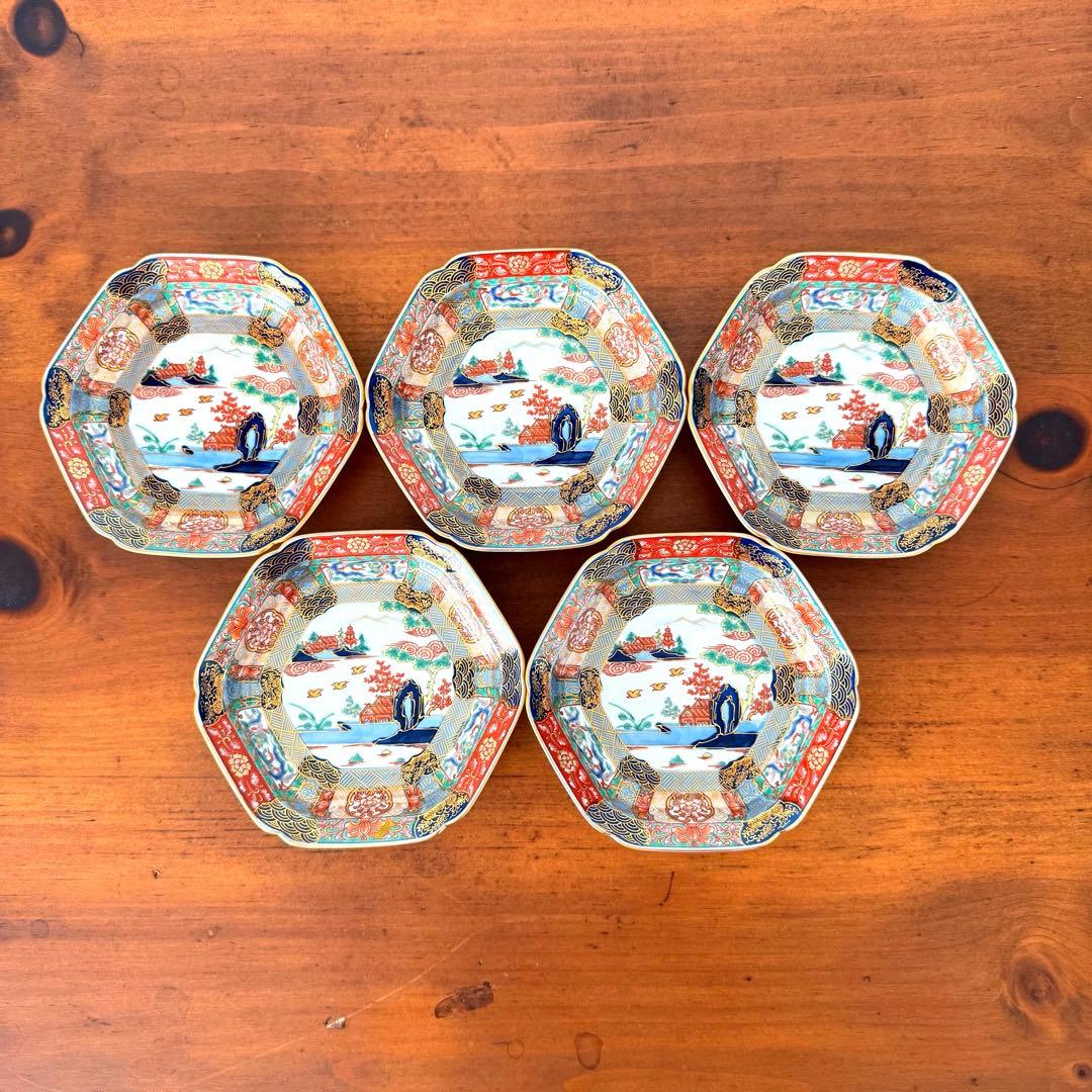 幸楽窯 錦色絵山水銘々皿 5枚組