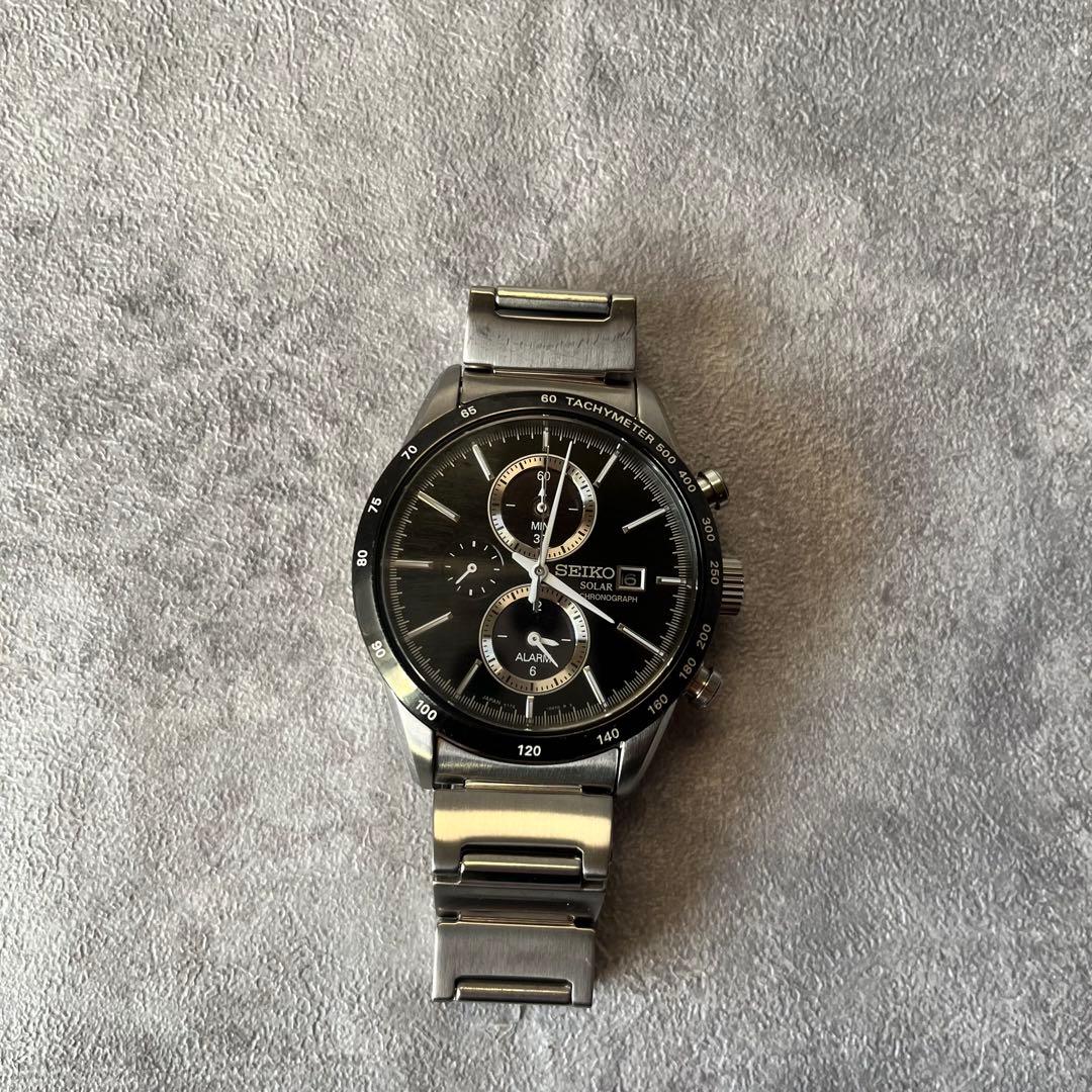 【美品】 SEIKOセイコー 黒 V172-0AP0ソーラー クロノグラフ腕時計