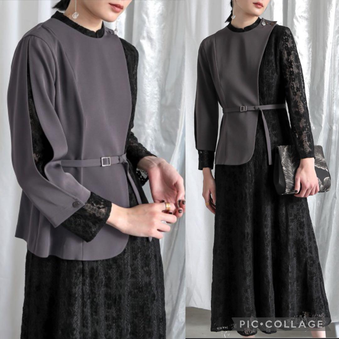 美品Callarusカラルス3L大きいイサイズ 異素材切替アシメワンピース結婚式