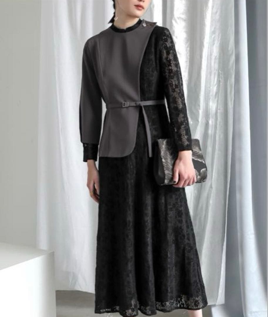 美品Callarusカラルス3L大きいイサイズ 異素材切替アシメワンピース結婚式