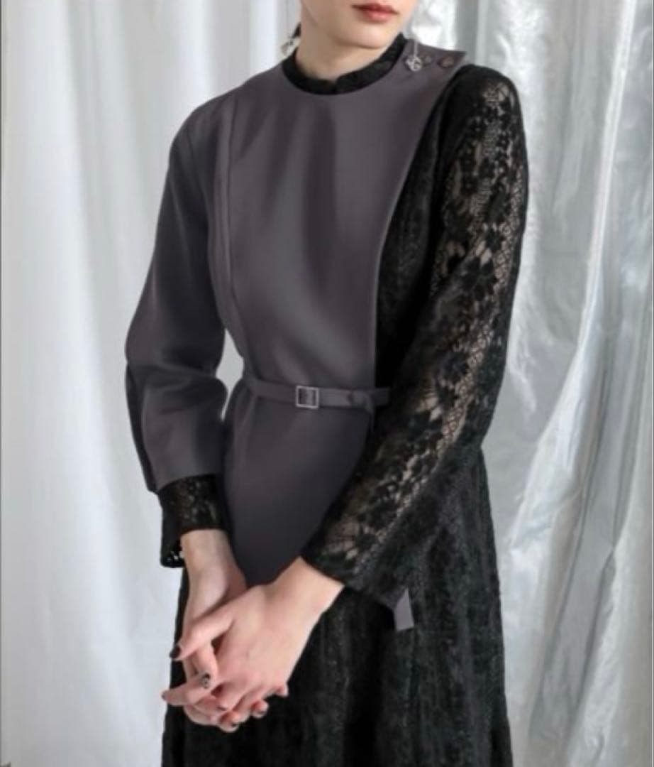 美品Callarusカラルス3L大きいイサイズ 異素材切替アシメワンピース結婚式