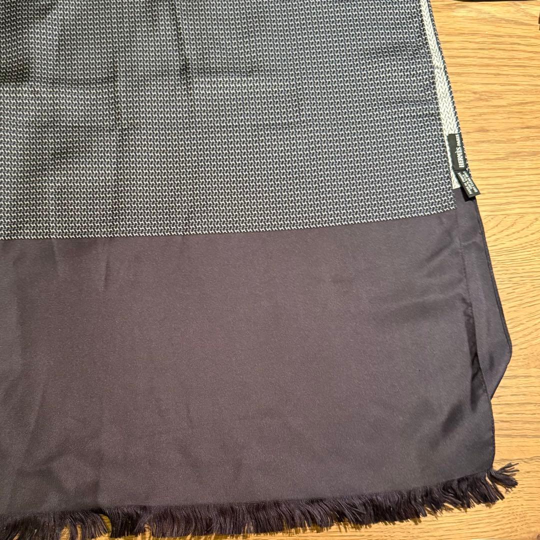 【美品】エルメス　HERMES シルク ストール ネイビー　グレー フリンジ付き