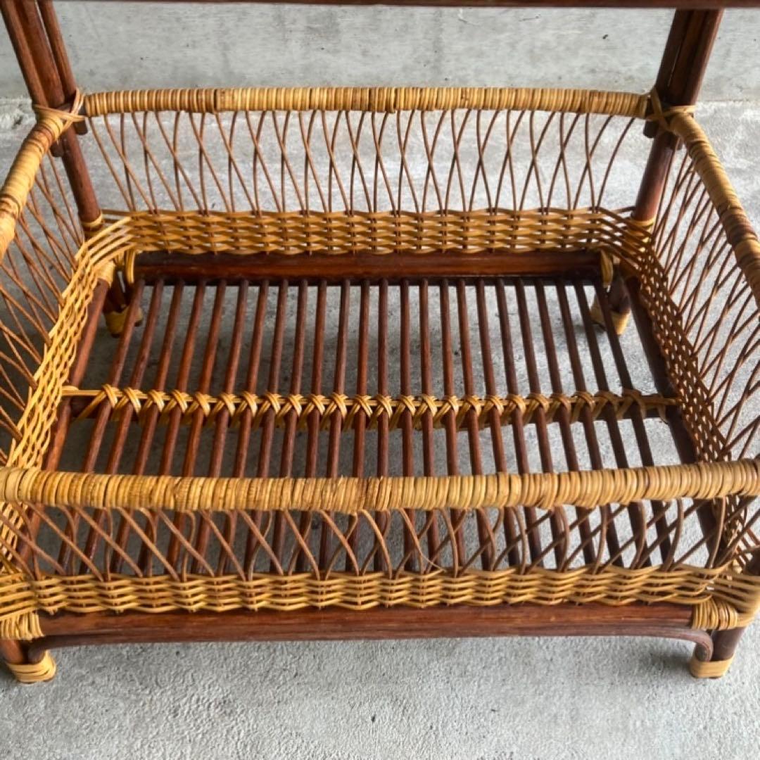 籐 ラタン 脱衣籠 カゴ バスケット タオル掛け 2段 収納 ツートン レトロ