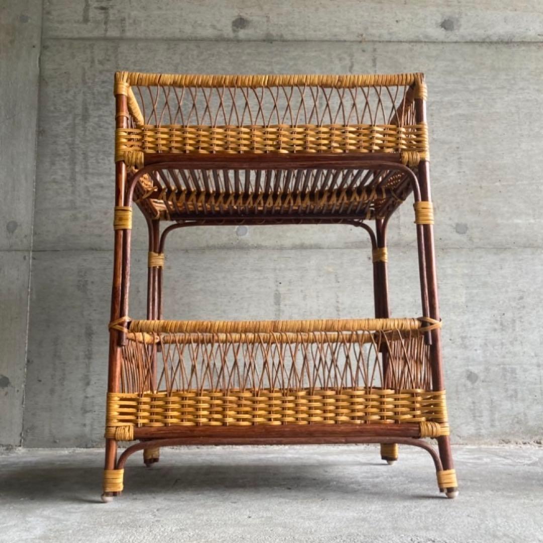 籐 ラタン 脱衣籠 カゴ バスケット タオル掛け 2段 収納 ツートン レトロ