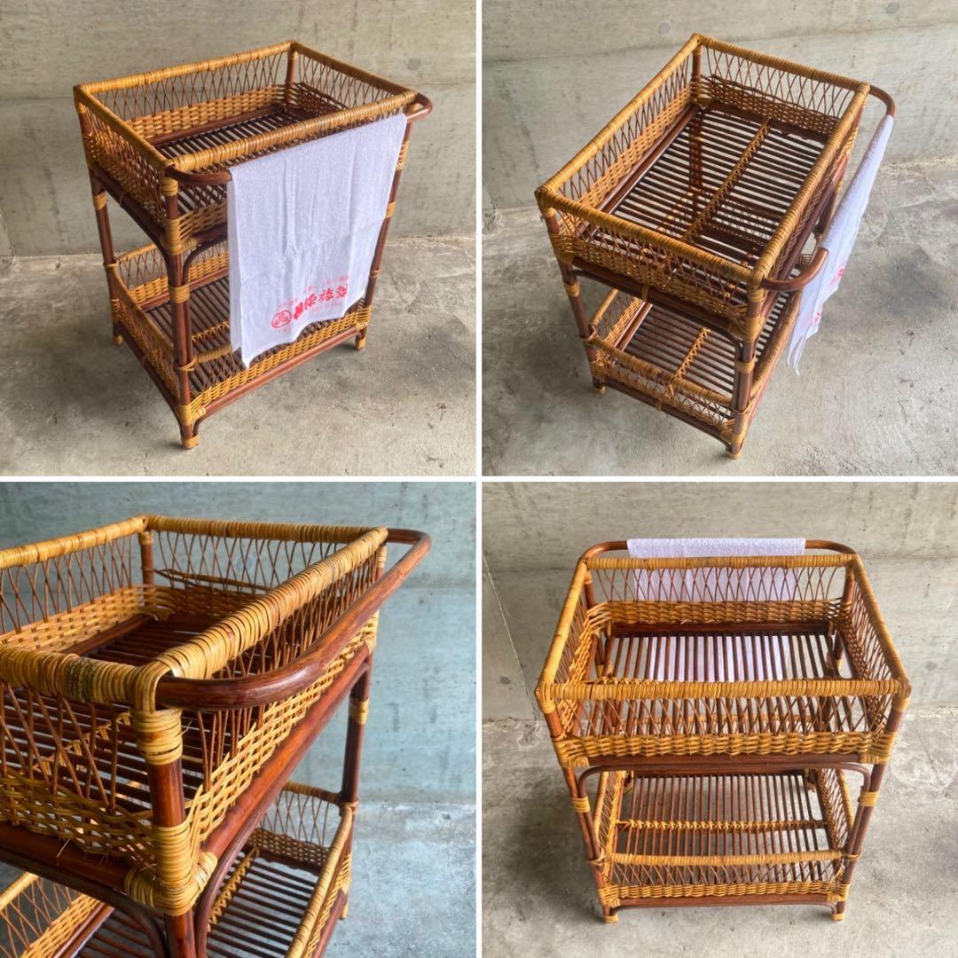 籐 ラタン 脱衣籠 カゴ バスケット タオル掛け 2段 収納 ツートン レトロ