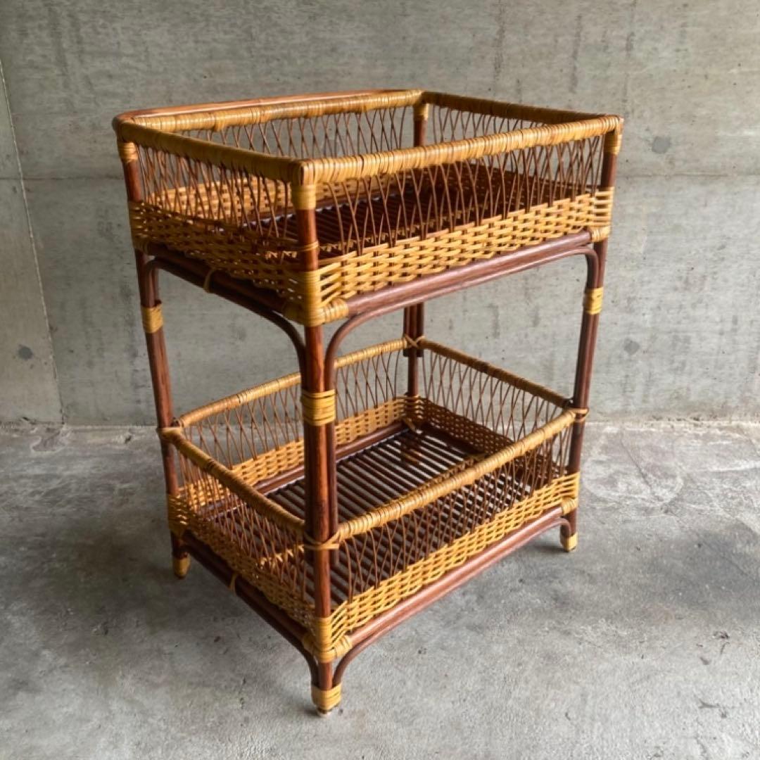 籐 ラタン 脱衣籠 カゴ バスケット タオル掛け 2段 収納 ツートン レトロ