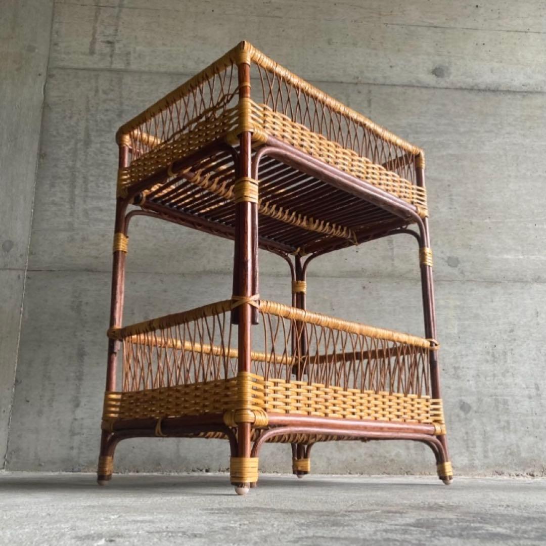 籐 ラタン 脱衣籠 カゴ バスケット タオル掛け 2段 収納 ツートン レトロ