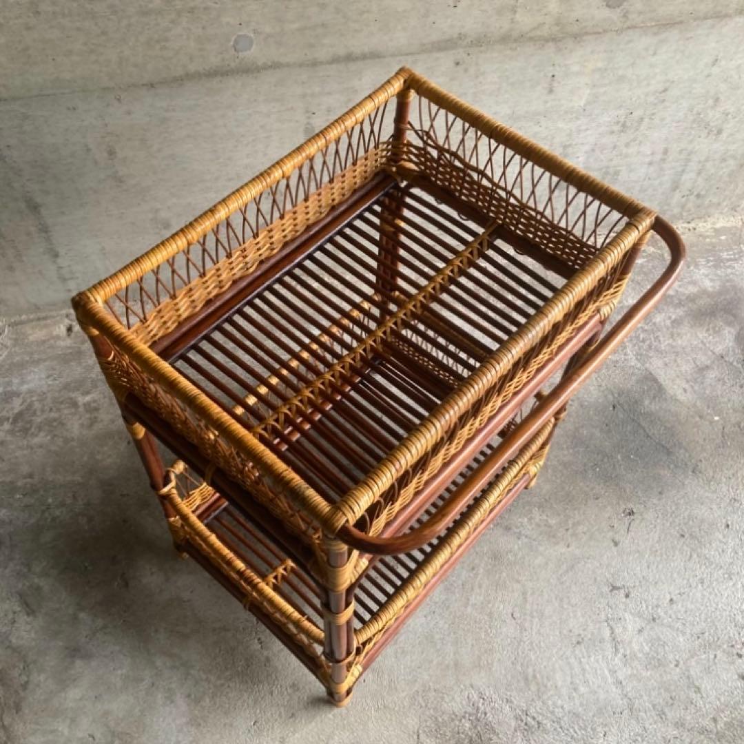 籐 ラタン 脱衣籠 カゴ バスケット タオル掛け 2段 収納 ツートン レトロ