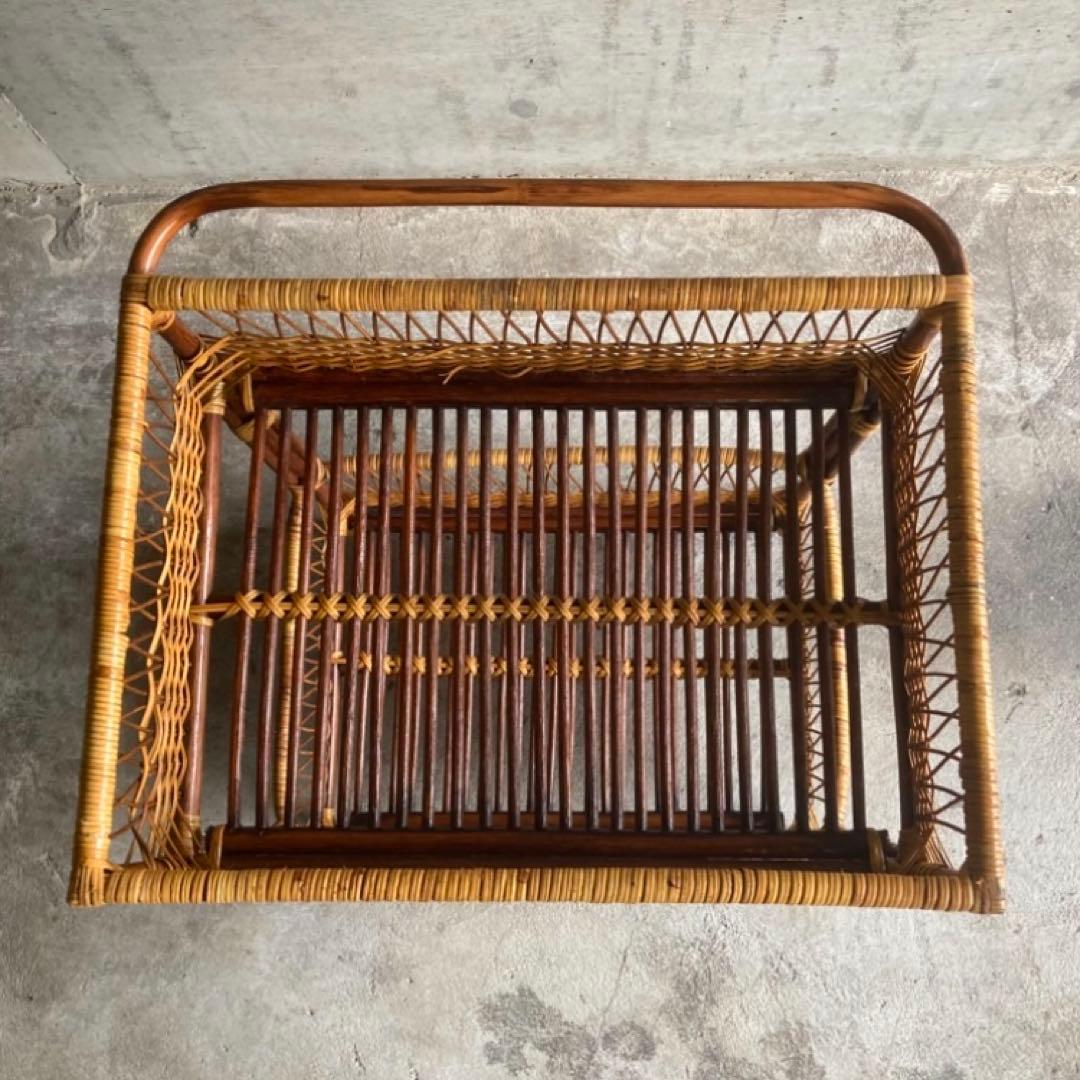 籐 ラタン 脱衣籠 カゴ バスケット タオル掛け 2段 収納 ツートン レトロ