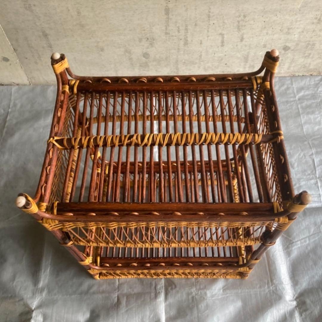籐 ラタン 脱衣籠 カゴ バスケット タオル掛け 2段 収納 ツートン レトロ