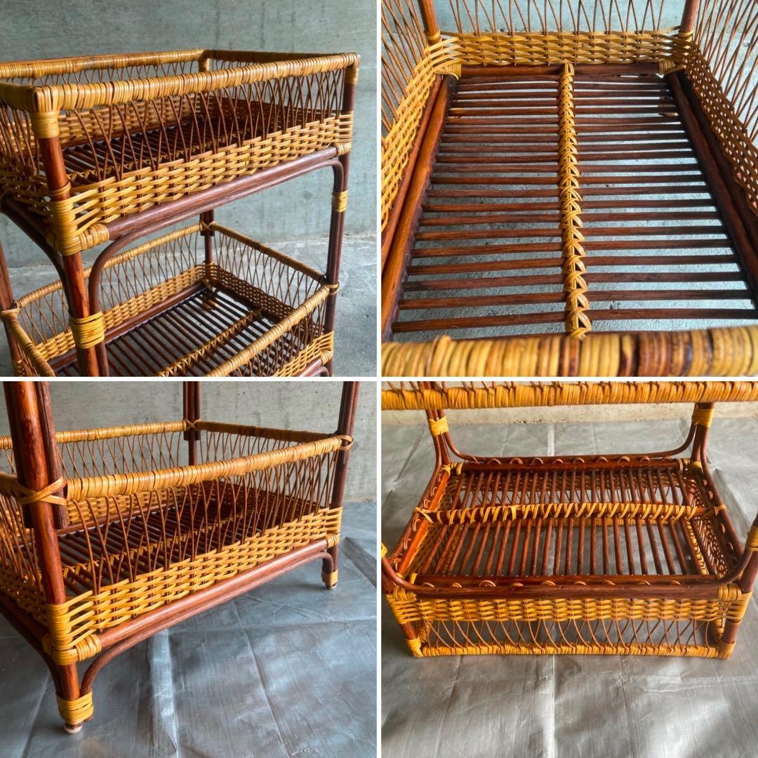 籐 ラタン 脱衣籠 カゴ バスケット タオル掛け 2段 収納 ツートン レトロ