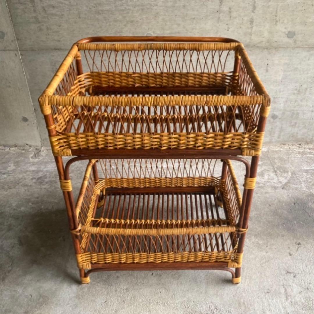 籐 ラタン 脱衣籠 カゴ バスケット タオル掛け 2段 収納 ツートン レトロ