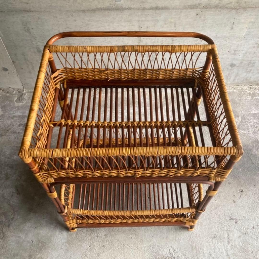 籐 ラタン 脱衣籠 カゴ バスケット タオル掛け 2段 収納 ツートン レトロ