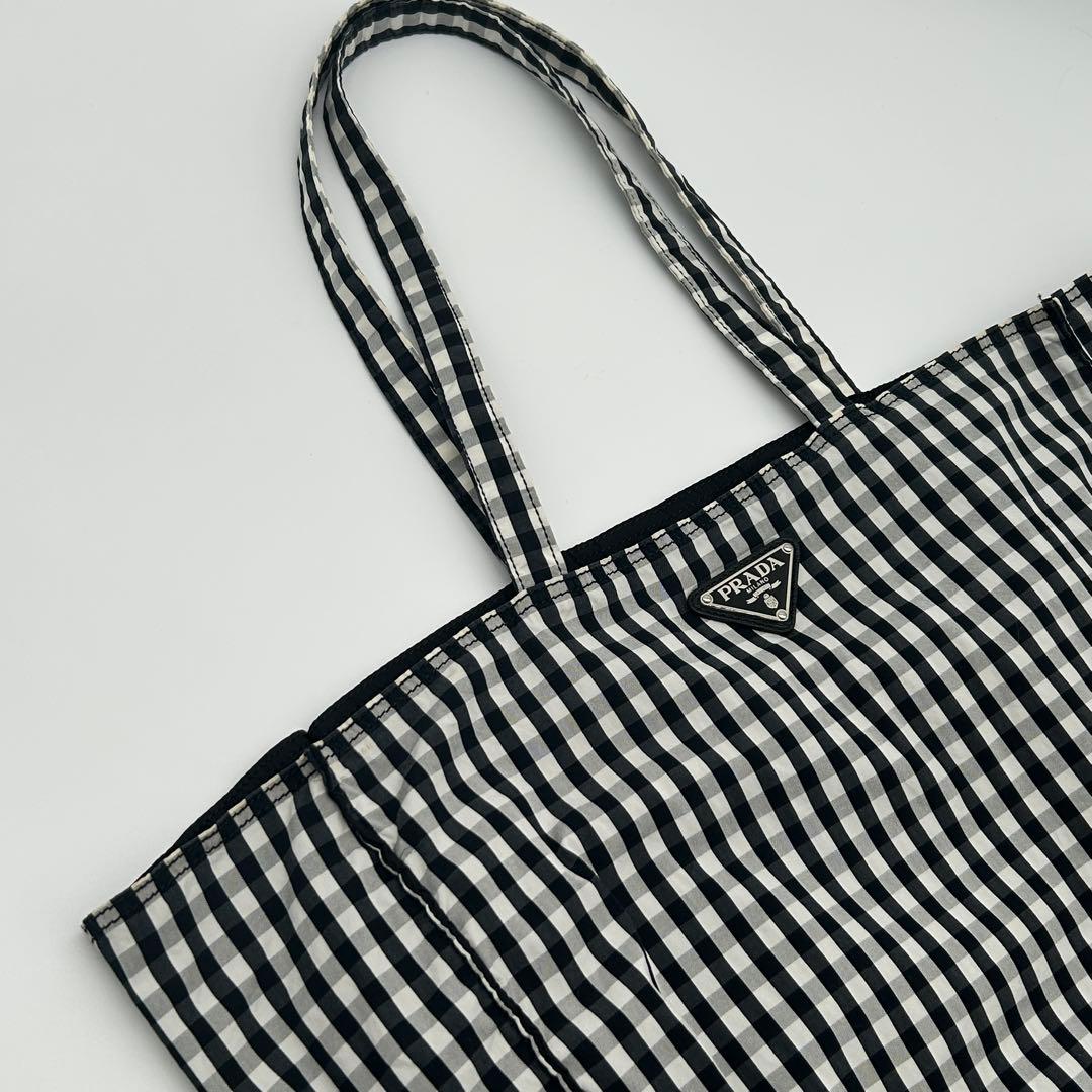 PRADA ギンガムチェック トートバッグ 三角ロゴ 大容量 ブラック 白タグ