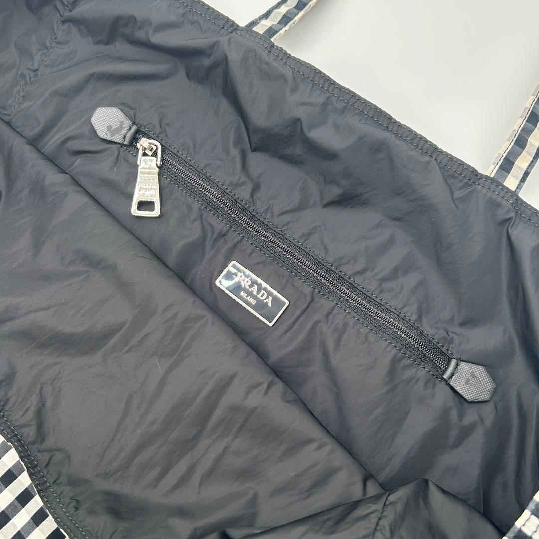 PRADA ギンガムチェック トートバッグ 三角ロゴ 大容量 ブラック 白タグ